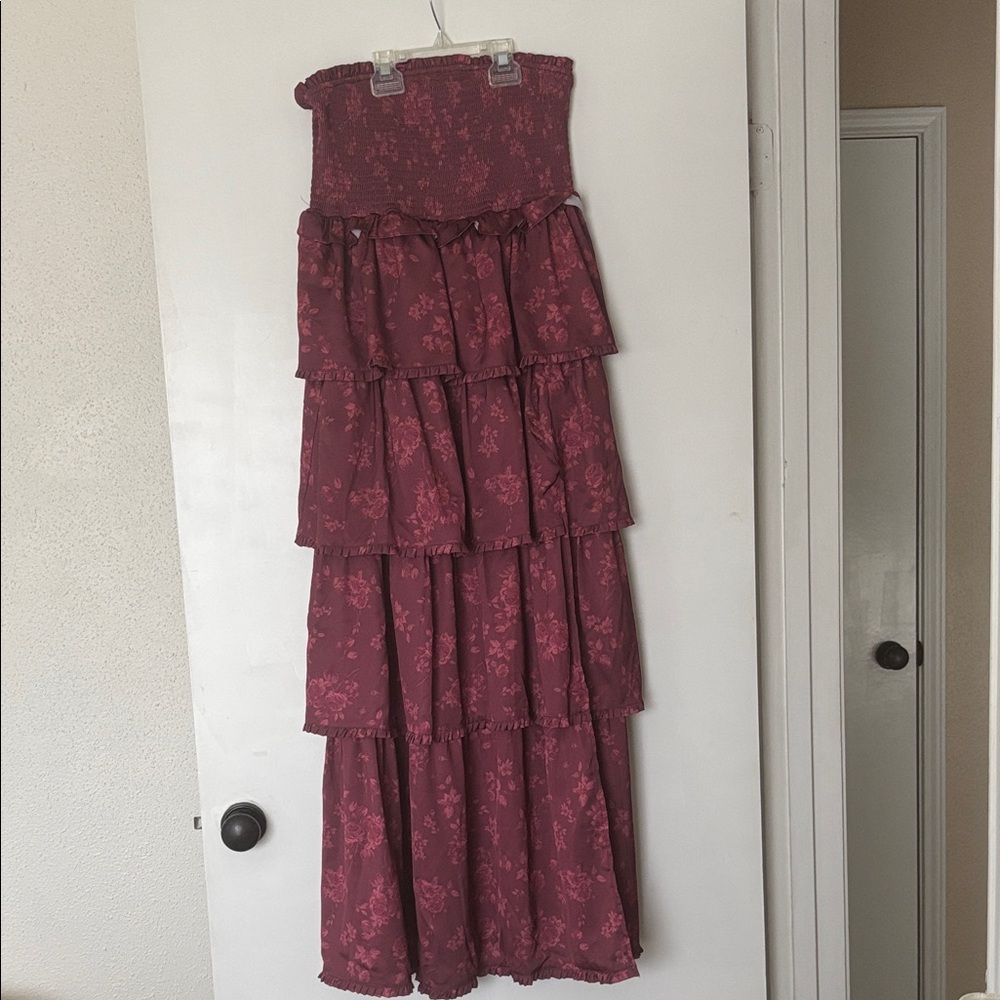Altar'd State Burgundy Floral Tiered Strapless Maxi Skirt